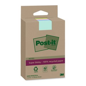 Post-it® Super Sticky Recycling Notes Haftnotizen extrastark farbsortiert, 4 Blöcke