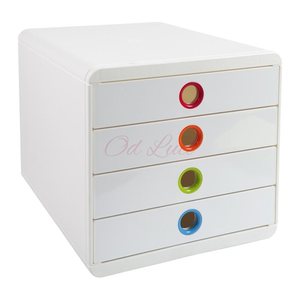 Exacompta Schubladenbox POP-BOX  weiß mit bunten Grifflöchern 314398D, DIN A4 mit 4 Schubladen, 1 St.