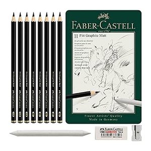 FABER-CASTELL Pitt Graphite Matt Graphitstifte HB, 2B, 4B, 6B, 8B, 10B, 12B, 14B schwarz mit Radierer, 1 Set