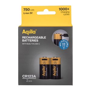 Aqiila® USB-Akkus mit Ladekabel USB-C Li-Ion CR123A 750 mAh, 2 St.
