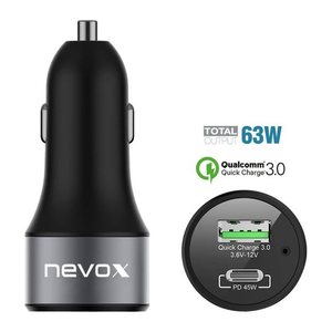 nevox USB PD TYPE C + QC3.0 Kfz-Ladeadapter schwarz, 63 Watt / VA