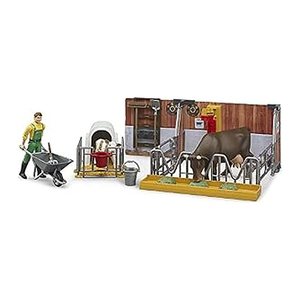 bruder bworld 62611 Kuh- und Kälberstall mit Landwirt Spielfiguren-Set