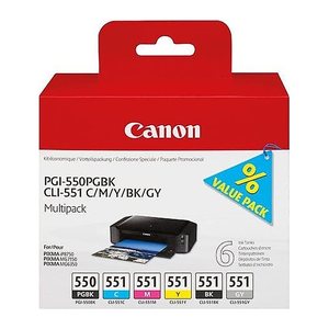 Canon PGI-550 PGBK + CLI-551 BK/C/M/Y/GY 2x schwarz, cyan, magenta, gelb, grau Druckerpatronen, 6er-Set