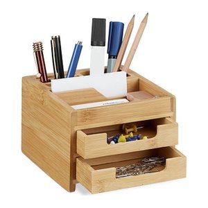 relaxdays Schreibtisch-Organizer braun Bambus 2 Stifteboxen, 2 Schubfächer, 1 flaches Fach Fächer 12,5 x 15,0 x 9,5 cm
