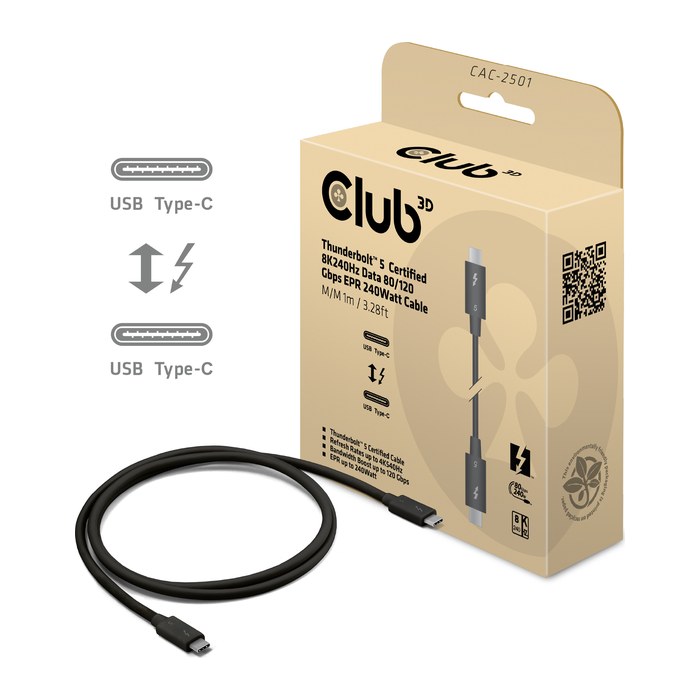 Club3D Kabel Thunderbolt5 zertifi. 8K240Hz/ 80/120Gbps 1m retail