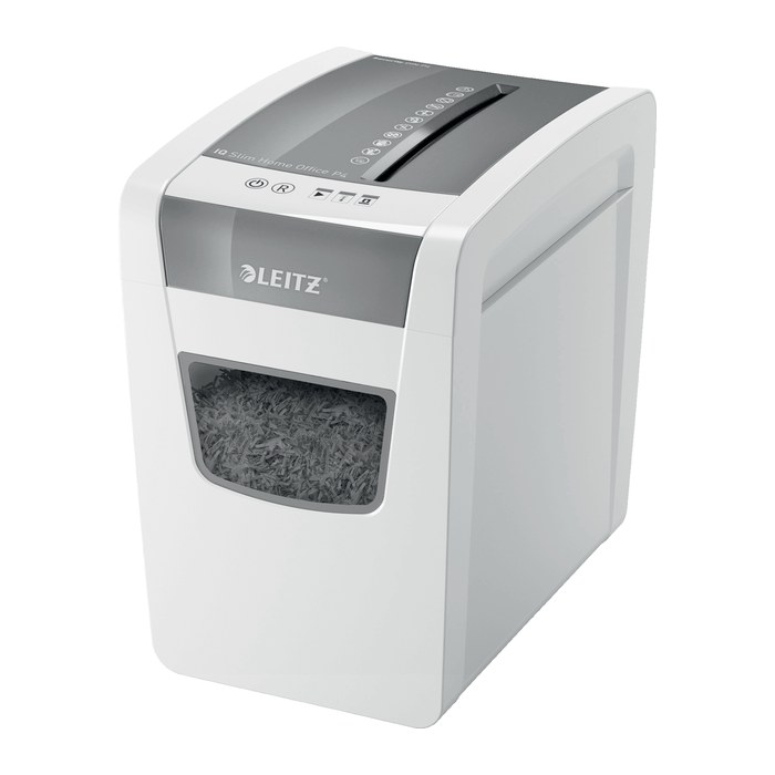 AKTION: LEITZ IQ Home Office Slim Aktenvernichter mit Partikelschnitt P-4, 4 x 28 mm, bis 10 Blatt, weiß mit 15 Euro CashBack