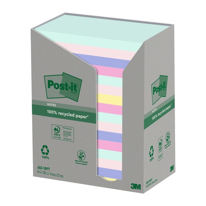 Post-it® Recycling Notes Haftnotizen farbsortiert, 16 Blöcke