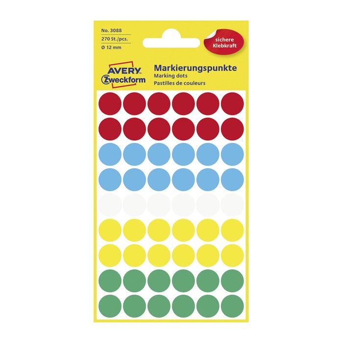 AVERY Zweckform Klebepunkte 3088 farbsortiert Ø 12,0 mm, 270 St.