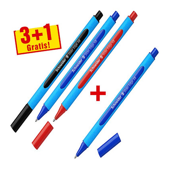 3 + 1 GRATIS: Schneider Kugelschreiber Slider Edge hellblau, Schreibfarbe: farbsortiert, 3 St. + GRATIS 1 St.
