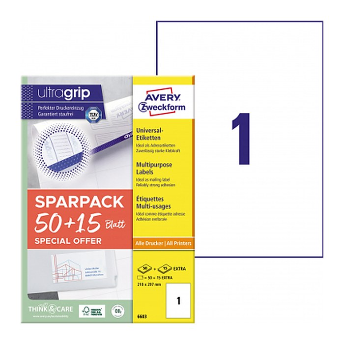AKTION: AVERY Zweckform Etiketten 6603 weiß 210,0 x 297,0 mm, 65 Blatt