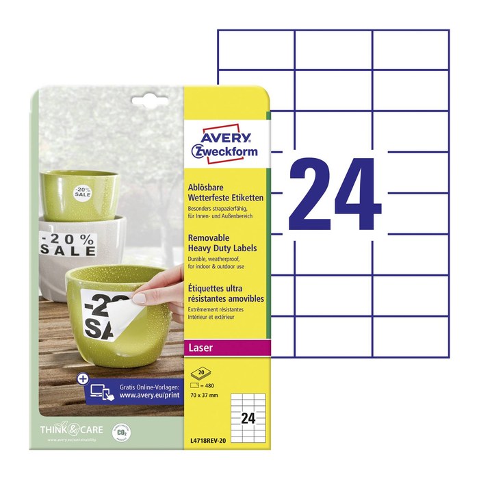 AVERY Zweckform wetterfeste Folienetiketten L4718REV-20 weiß 70,0 x 37,0 mm, 20 Blatt