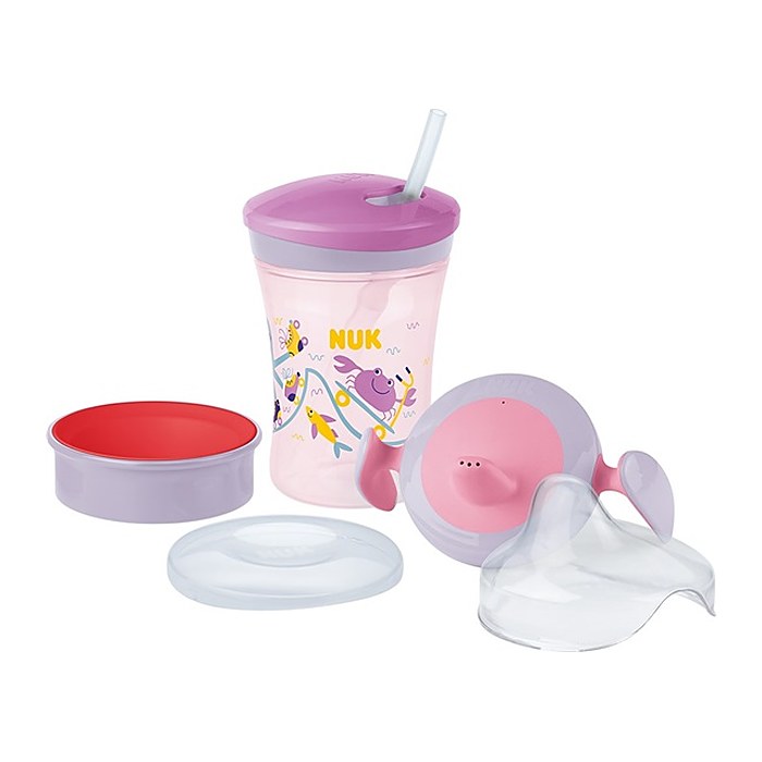 NUK Trinklernset mit drei Trinkaufsätzen lila/rosa