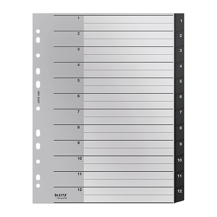 LEITZ Ordnerregister recycle 1209 DIN A4 Vollformat, Überbreite 1-12 schwarz 12-teilig, 1 Satz