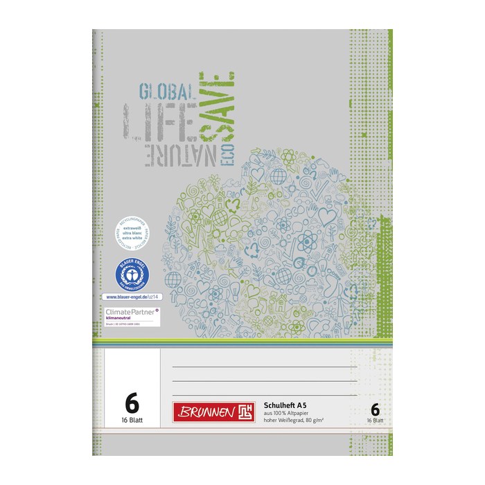 BRUNNEN Schulheft Recycling Lineatur 6 blanko DIN A5 ohne Rand, 16 Blatt, 1 St.