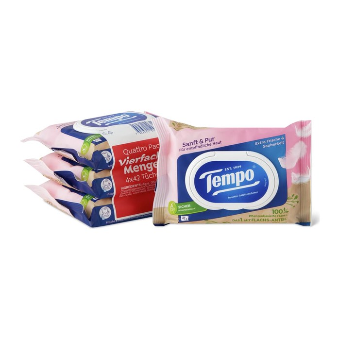 Tempo Feuchtes Toilettenpapier Sanft & Pur 1-lagig, 4x 42 Tücher
