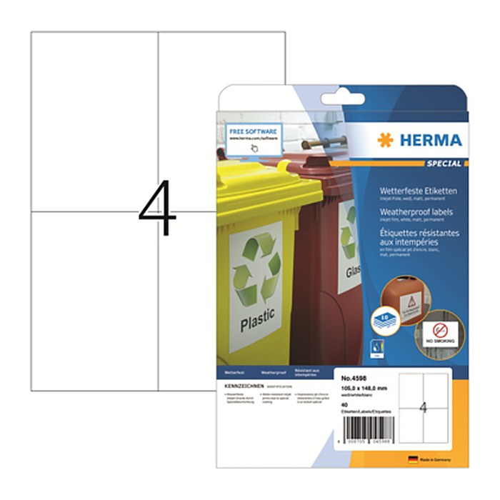 HERMA wetterfeste Folienetiketten 4598 weiß 105,0 x 148,0 mm, 10 Blatt