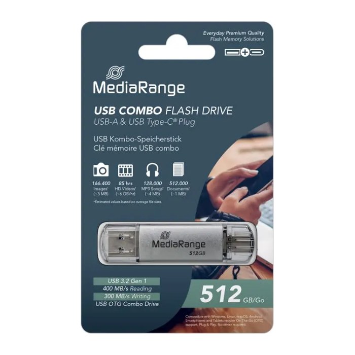 MediaRange USB-Stick 3.2 Gen 1 USB-A und USB-C,512GB silber