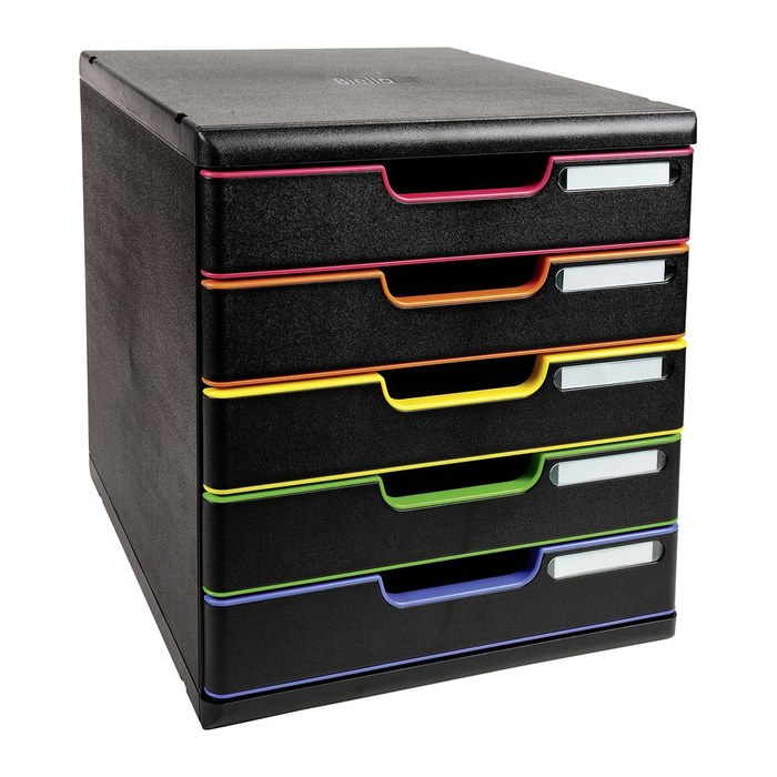Exacompta Schubladenbox Modulo  schwarz mit bunten Farblinien 301914D, DIN A4 mit 5 Schubladen, 1 St.
