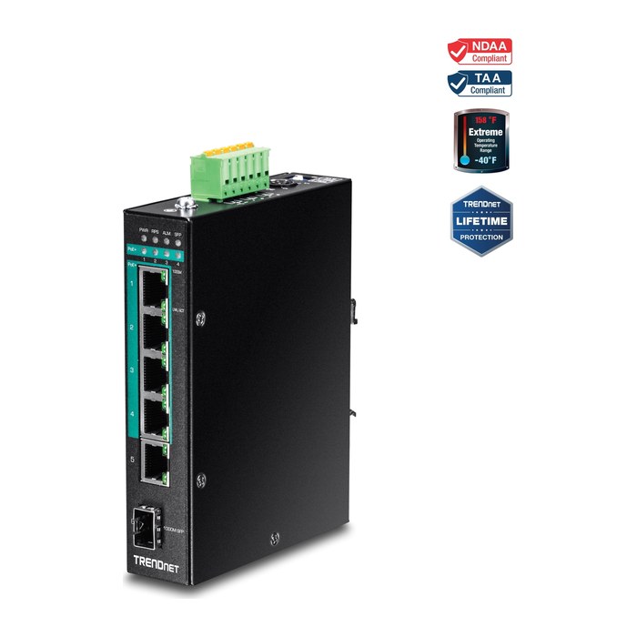 TRENDnet Industrial Switch 6-Port Gbit PoE+ L2 Man DIN-Rail