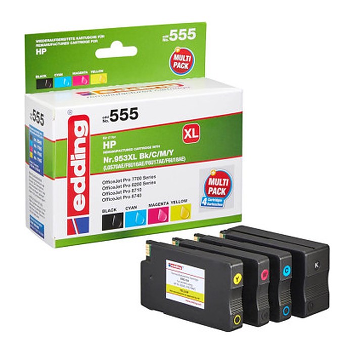 edding EDD-555 schwarz, cyan, magenta, gelb Druckerpatronen kompatibel zu HP 953XL (3HZ52AE), 4er-Set