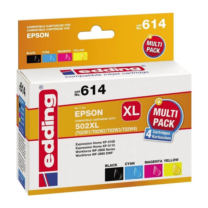 edding EDD-614 schwarz, cyan, magenta, gelb Druckerpatronen kompatibel zu EPSON 502XL/T02W64, 4er-Set
