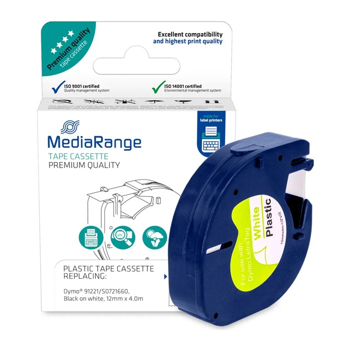 MediaRange Schriftband LetraTag MRDY91221 ersetzt DYMO 91221/S0721660 , 12 mm, schwarz auf weiß, 1 St.