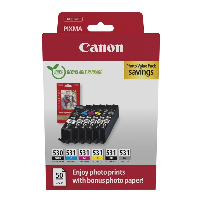 Canon PGI-530/CLI-531 PGBK/C/M/Y/BK/GY schwarz, cyan, magenta, gelb, grau, pigment-schwarz Druckerpatronen + Fotopapier, 6er-Set