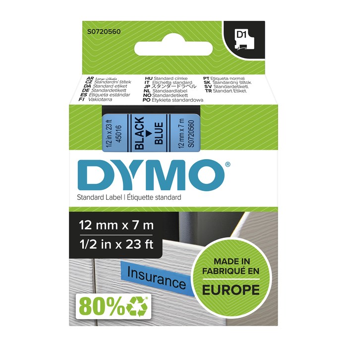 DYMO Schriftband D1 45016 S0720560, 12 mm, schwarz auf blau, 1 St.
