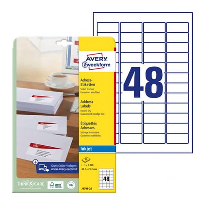 AVERY Zweckform Adressetiketten J4791-25 weiß 45,7 x 21,2 mm, 25 Blatt
