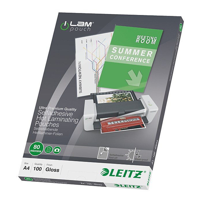 LEITZ Laminierfolien glänzend für A4 80 micron selbstklebender Rücken, 100 St.