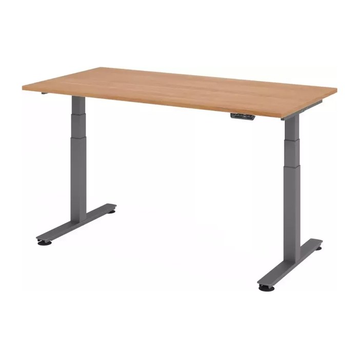 HAMMERBACHER XDSM16 elektrisch höhenverstellbarer Schreibtisch nussbaum rechteckig, T-Fuß-Gestell grau 160,0 x 80,0 cm