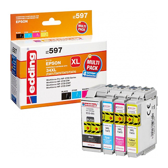 edding EDD-597 schwarz, cyan, magenta, gelb Druckerpatronen kompatibel zu EPSON 34XL / T3476XL, 4er-Set