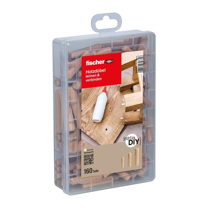 fischer easyDIY Box 548597 Holzdübel-Sortiment, 160-teilig