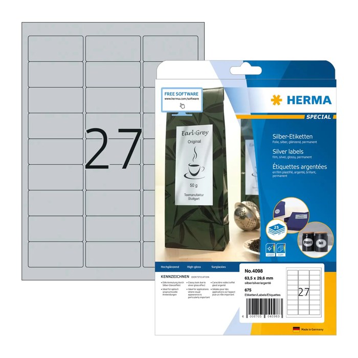 HERMA Folienetiketten 4098 silber 63,5 x 29,6 mm, 25 Blatt