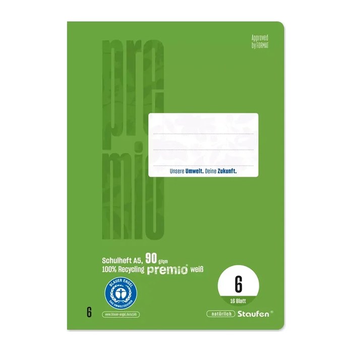 Staufen® Schulheft Premio Lineatur 6 blanko DIN A5 ohne Rand, 16 Blatt, 1 St.