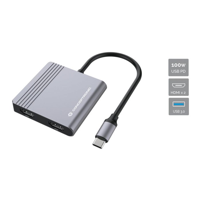 CONCEPTRONIC 4-1 Dock USB-C->2xHDMI/USB-A/100WPD 25cm gr