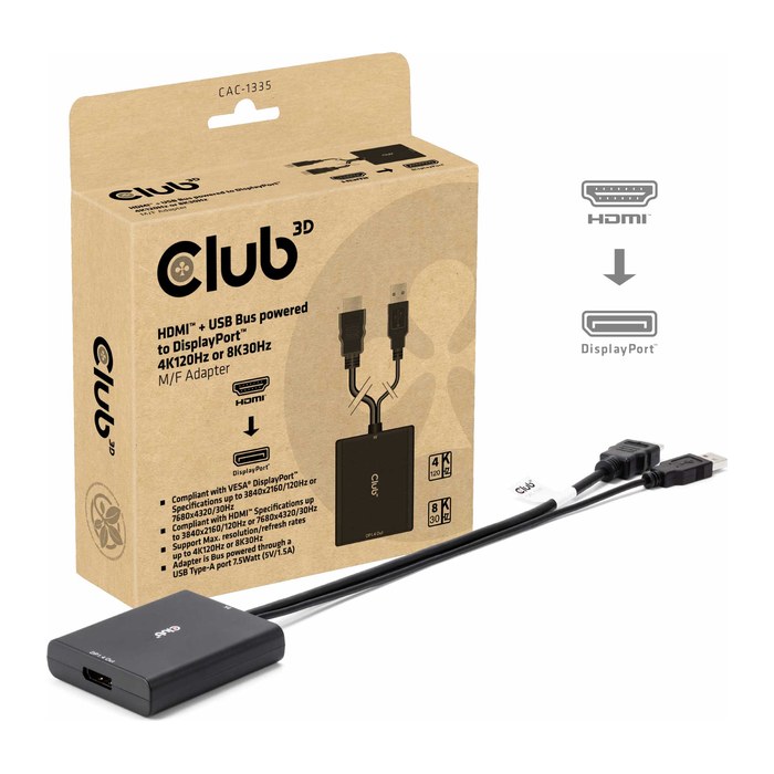 Club3D Adapter HDMI + MicroUSB > DP 4K120Hz aktiv St/Bu retail