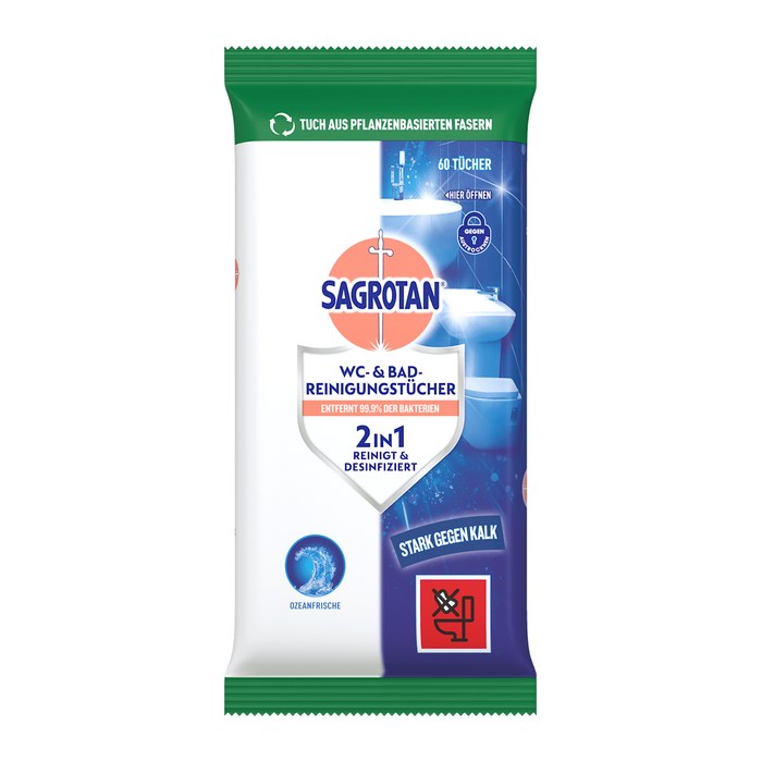 SAGROTAN® Desinfektionstücher WC & Bad 2in1 Ozeanfrische 1-lagig weiß, 60 Tücher