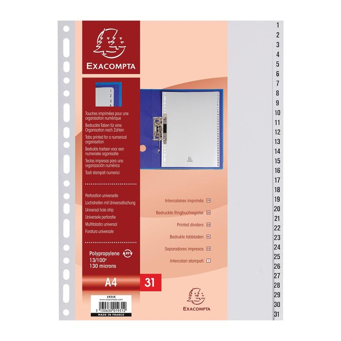 Exacompta Ordnerregister DIN A4 Vollformat 1-31 grau 31-teilig, 1 Satz