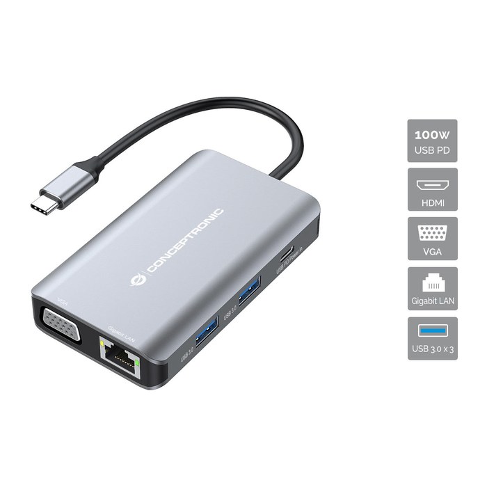 CONCEPTRONIC 7-1 Dock USB-C->HDMI/3xUSB-A/VGA/+ 25cm gr