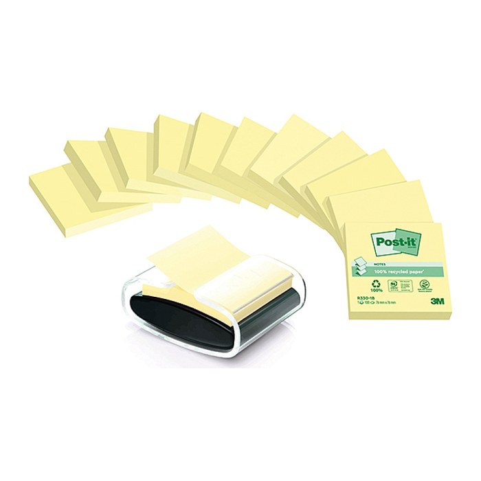 AKTION: Post-it® Recycling Z-Notes Haftnotizen gelb, 12 Blöcke + GRATIS Spender