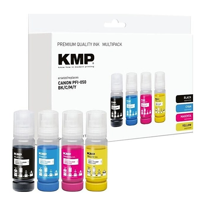 KMP schwarz, cyan, magenta, gelb Tintenflaschen kompatibel zu Canon PFI-050 BK/C/M/Y, 4er-Set