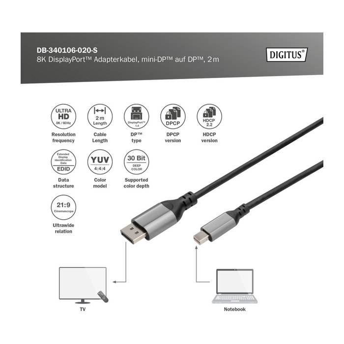 DIGITUS DisplayPort Adapterkabel mini DP->DPort St/St 8K 2m