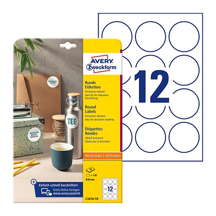 AVERY Zweckform Etiketten L3416-10 weiß 60,0 x 60,0 mm, 10 Blatt