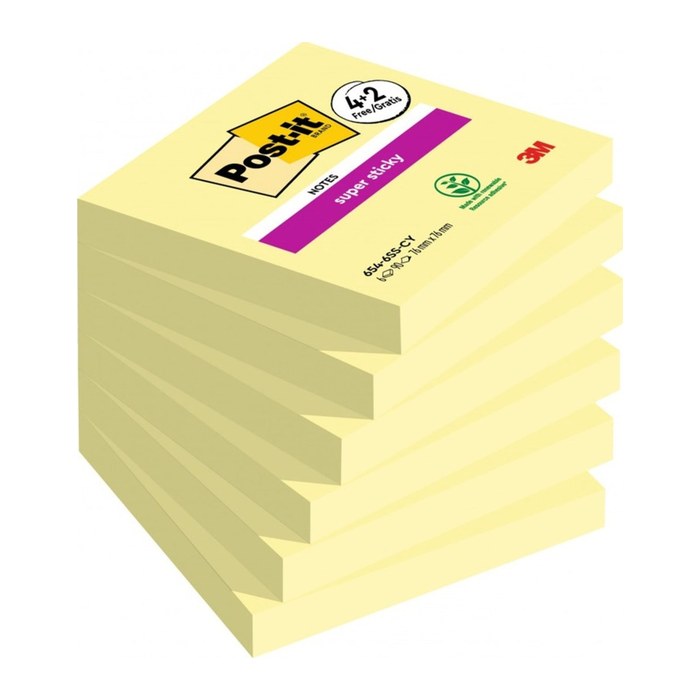 4 + 2 GRATIS: Post-it® Super Sticky Notes Haftnotizen extrastark gelb, 4 Blöcke + GRATIS 2 Blöcke