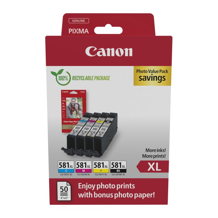 Canon CLI-581XL BK/C/M/Y schwarz, cyan, magenta, gelb Druckerpatronen + Fotopapier, 4er-Set