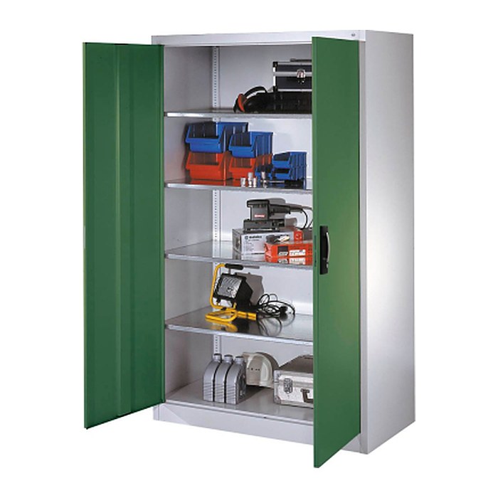 CP Stahlschrank 8932-00 S10604 lichtgrau, rededagrün 4 Fachböden 120,0 x 60,0 x 195,0 cm, aufgebaut, 1 St.