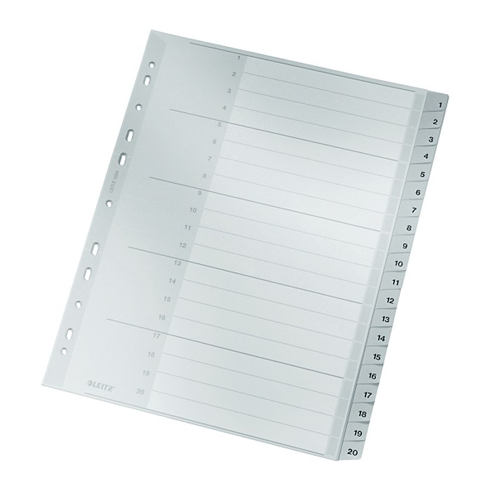 LEITZ Ordnerregister DIN A4+ Vollformat, Überbreite 1-20 grau 20-teilig, 1 Satz