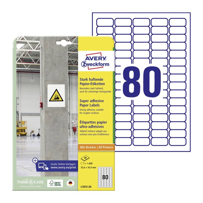 AVERY Zweckform Power-Etiketten L7872-20 weiß 35,6 x 16,9 mm, 20 Blatt