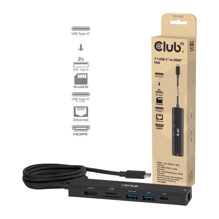 Club3D USB-C 7in1-HUB >HDMI/2xUSB/USB-C/LAN 4K60Hz PD140W retail